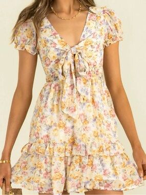 Hello Molly Pastel Floral Tie-Front Mini Dress in Cream, Yellow, Pink